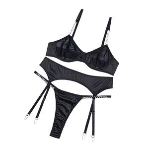 Black Satin Silver Chain Garter Lingerie 3pc Set